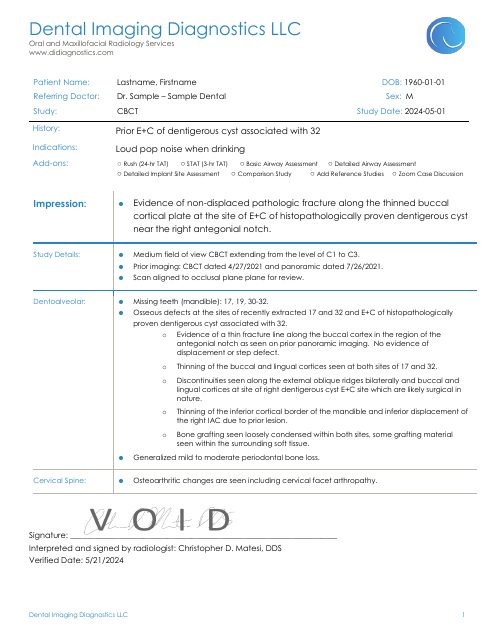First page of the pathologic fracture sample report