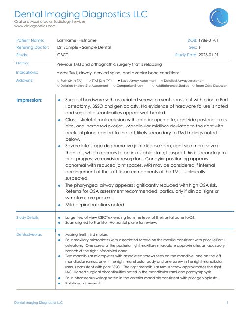 First page of the TMJ orthognathic sample report