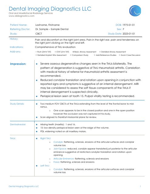 First page of the TMJ rheumatoid arthritis sample report